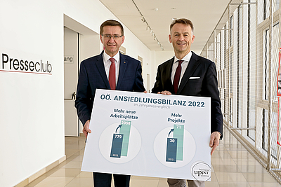 Wirtschafts-Landesrat Markus Achleitner (li.) und Werner Pamminger, Geschäftsführer Business Upper Austria, präsentierten den Standortbericht Oberösterreich 2022. © Land OÖ/Kauder